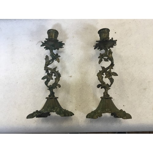 618 - A Pair of French Naturalistic Brass Candlesticks resting on shaped bases & Floral Sconces. Measuring... 