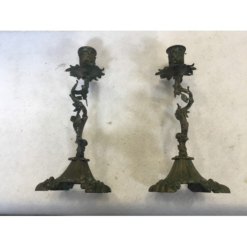 618 - A Pair of French Naturalistic Brass Candlesticks resting on shaped bases & Floral Sconces. Measuring... 