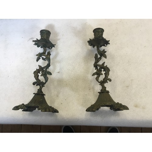 618 - A Pair of French Naturalistic Brass Candlesticks resting on shaped bases & Floral Sconces. Measuring... 