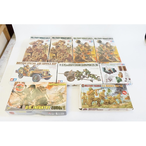 619 - 7 x Tamiya Military Plastic Kits to include Figures, Jeep, Gun, etc along with 2 x Plastic Airfix Mi... 