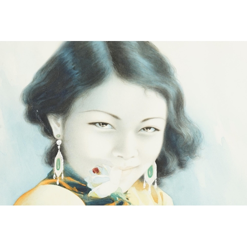 437 - A possible circa 1930's Ni Gengye Water Colour of a Young Chinese Girl in a Yellow Silk Top caressin... 