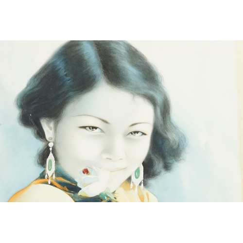 437 - A possible circa 1930's Ni Gengye Water Colour of a Young Chinese Girl in a Yellow Silk Top caressin... 