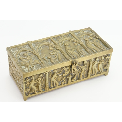 949 - A Reproduction Brass Medieval Comfrey Jewellery Box with makers mark 