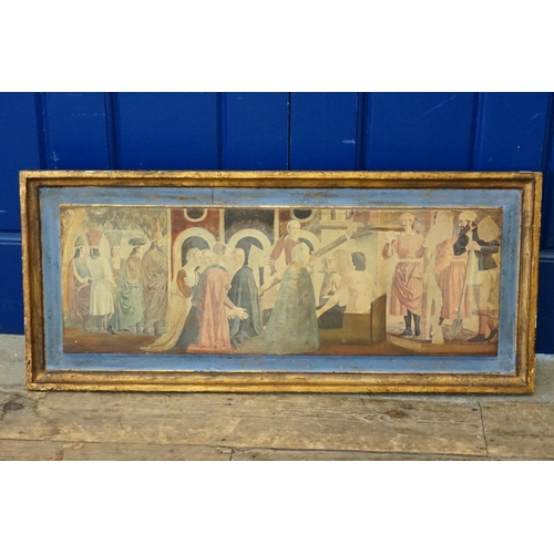 1146 - A medieval print depicting Court Life with attendance. Measuring: 94cms x 41cms.