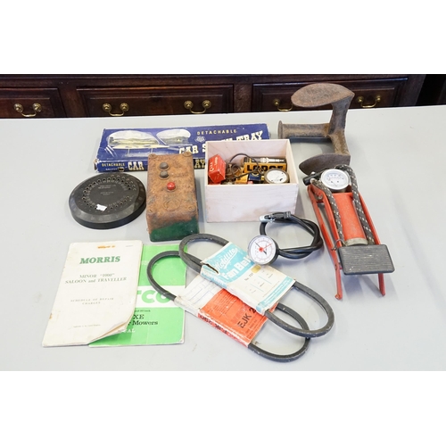 611 - A Collection of Vintage Automobilia to include Boxed Spark Plugs, a Metal Foot Last, Air Pump, Unuse... 