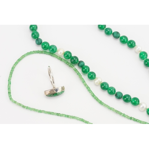 339 - A malachite and green stone necklace, along another green stone necklace and a ring.