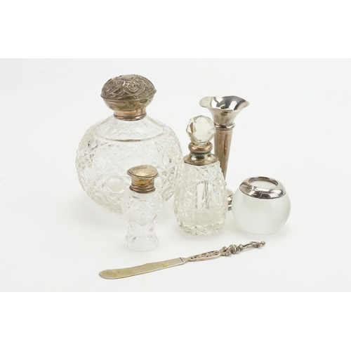 95 - A Silver Vase, Three Scent Bottles, a Match Strike & a Continental Butter Knife.