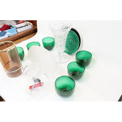 805 - A Set of Six handmade Green Glass Finger Bowls, Cut Glass Vase, Wine Cooler, etc.