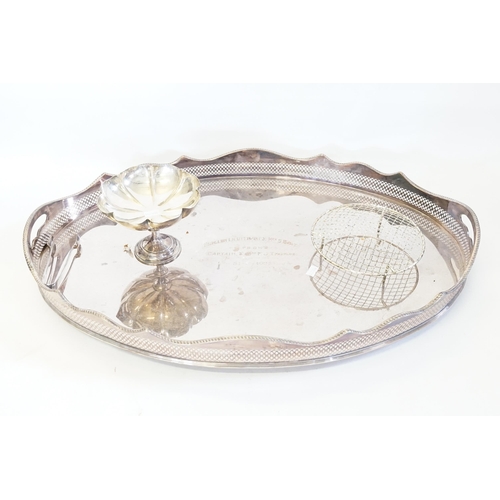 113 - A Silver Plated Tea Tray with inscription & two other Silver plated items.