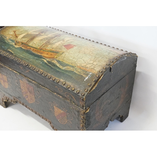 882 - A Painted & Studied Mary Celeste Trunk. Measuring: 51cms across x 36cms deep x 31cms high.