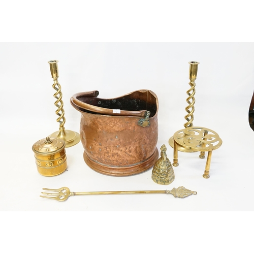 956 - A Pair of Barley Twist Candlesticks, Helmet Coal Scuttle, Trivet, etc.