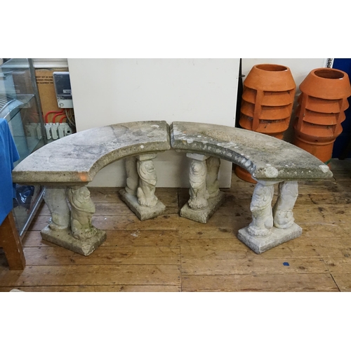 935 - A Semi-Circular Stone Topped with Twin Concrete Lion Bases. Measuring: 150cms across x 54cms high.