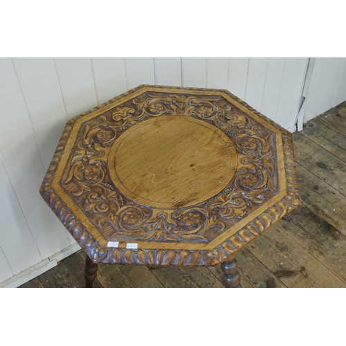 639 - A Chestnut Arts & Crafts Gypsy Table resting on three turned legs & an Hexagonal Top. Measuring: 58c... 