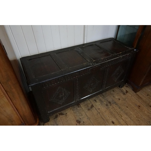 657 - An Antique Oak Three Panelled Linen Fold & Chip Carved Squares Coffer with a Four Panelled Reset Top... 