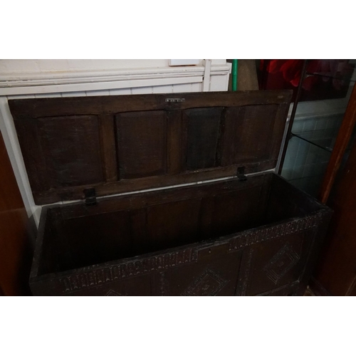 657 - An Antique Oak Three Panelled Linen Fold & Chip Carved Squares Coffer with a Four Panelled Reset Top... 