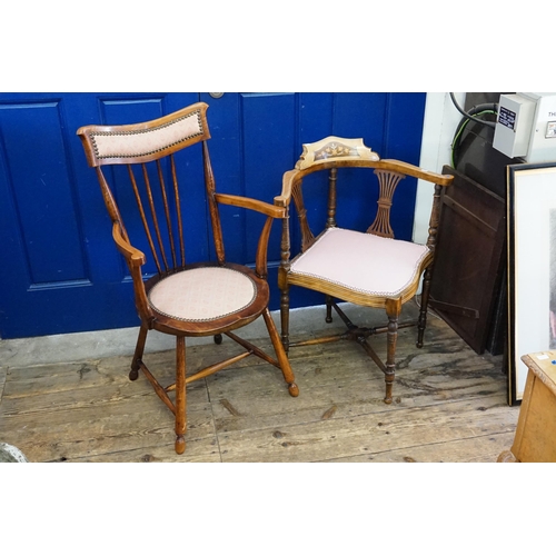 666 - A Victorian Nursing Chair along with a Victorian inlaid Holly Corner Chair on turned legs.