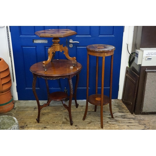 625 - A Circular Topped Victorian Drawing Room Table with a Jardiniere Under Tier, an Oak inlaid Table & a... 