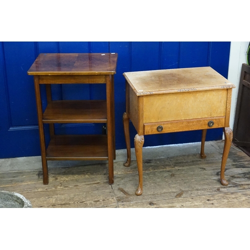 628 - A Burr Walnut Veneered Needlework Box & a Mahogany Three Tiered Table.