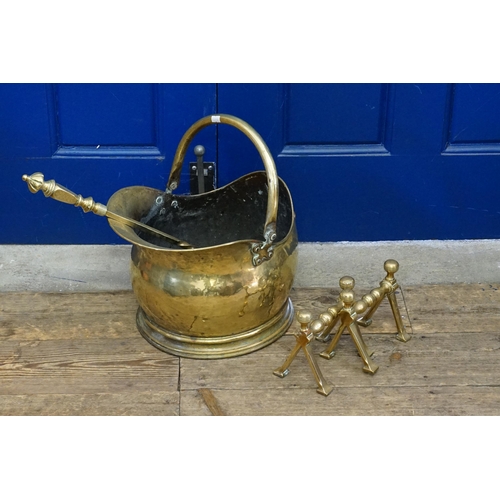 963 - An English Brass Helmet Shaped Coal Scuttle, Two Irons, a Poker, etc.