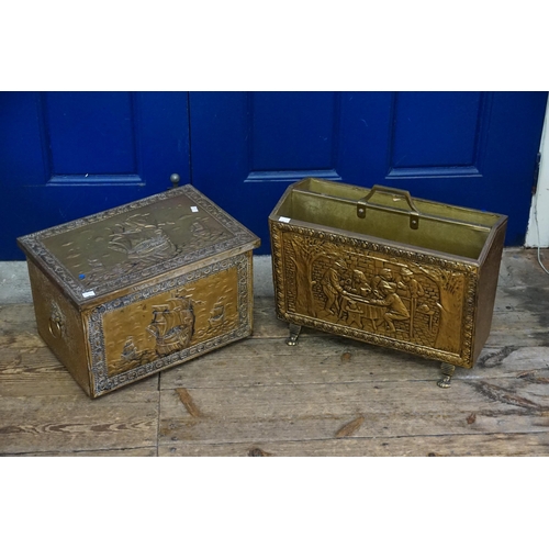 964 - A Dutch embossed Brass Stamped Magazine Rack along with a Galleon decorated Log Box.