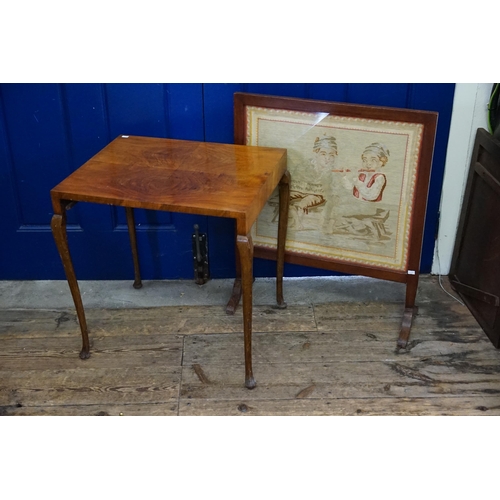 631 - A Wool Worked Fire Screen & a Walnut Veneered Table. (AF).