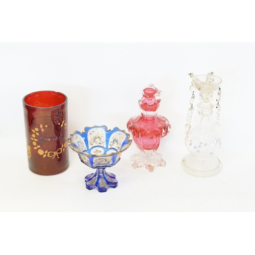 801 - A Cut Ruby Glass Scent Bottle, Blue Bohemian Flash, French painted Beeker engraved with a crown & a ... 