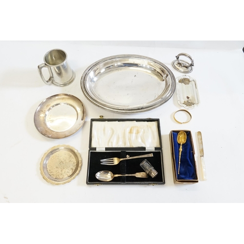 109 - A Silver Scent Bottle, Silver Fork & Spoon along with other items of Silver Plate.