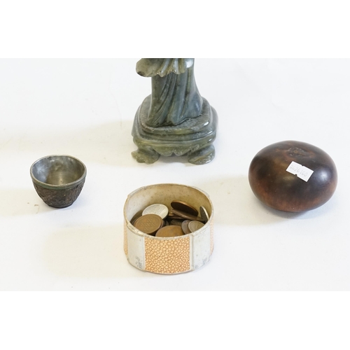 429 - A Chinese Carved Bamboo Wine Cup with auspicious Characters, a Silver mounted Nut & a Soap Stone stu... 