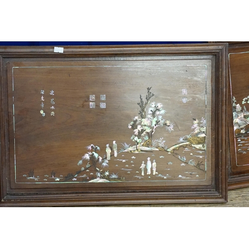 430 - A Pair of Mother of Pearl & inlaid Pictures depicting Garden Scenes & Scribes, signed with a Mother ... 