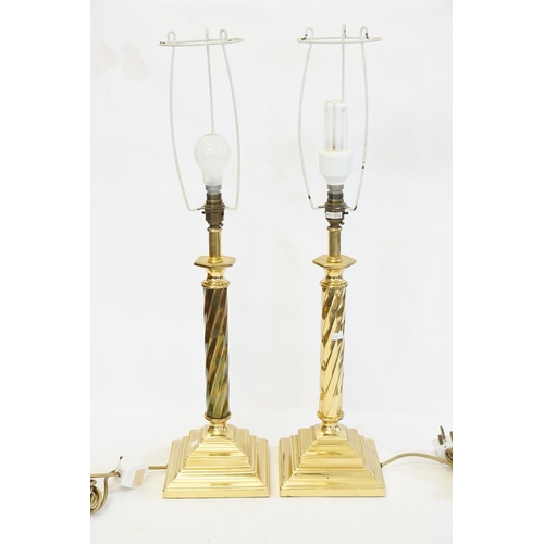 923 - A Pair of Brass Effect Turned Column Table Lamps with Silk Shades. Measuring: 84cms high. (Including... 