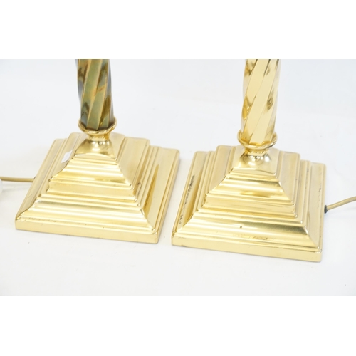 923 - A Pair of Brass Effect Turned Column Table Lamps with Silk Shades. Measuring: 84cms high. (Including... 