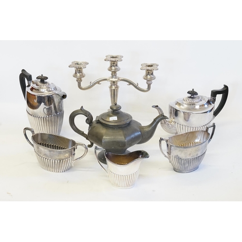 107 - A Five Piece Silver Plated Tea Set, a Silver Plated Coffee Pot, a Silver Plated Candelabra & a Pewte... 