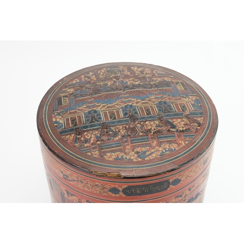 421 - A Thailand lacquered Food Container decorated with Garden Scenes, Temple Deities. Measuring: 23cms h... 