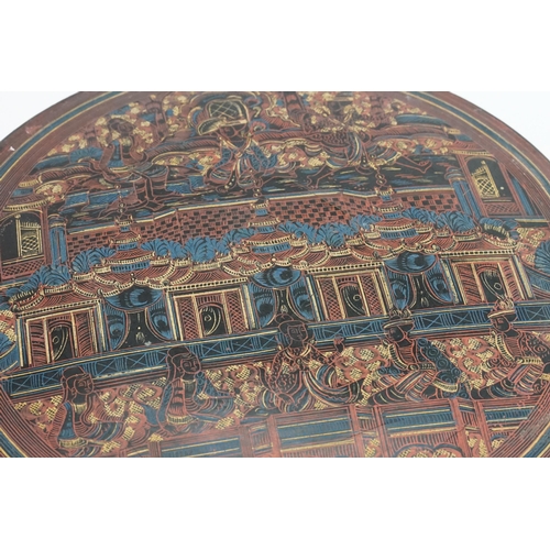 421 - A Thailand lacquered Food Container decorated with Garden Scenes, Temple Deities. Measuring: 23cms h... 