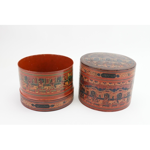 421 - A Thailand lacquered Food Container decorated with Garden Scenes, Temple Deities. Measuring: 23cms h... 