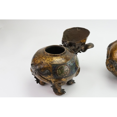 457 - A Pair of Japanese Cloisonne enamelled mythical Birds. 
Designed as Incense Burners in Squat Form & ... 