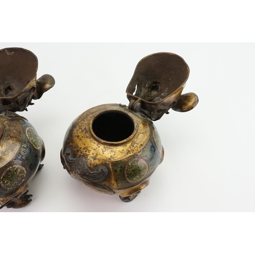 457 - A Pair of Japanese Cloisonne enamelled mythical Birds. 
Designed as Incense Burners in Squat Form & ... 