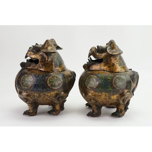 457 - A Pair of Japanese Cloisonne enamelled mythical Birds. 
Designed as Incense Burners in Squat Form & ... 