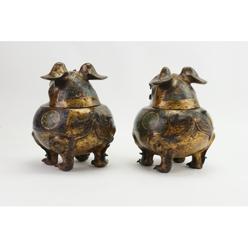 457 - A Pair of Japanese Cloisonne enamelled mythical Birds. 
Designed as Incense Burners in Squat Form & ... 