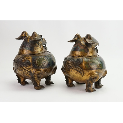 457 - A Pair of Japanese Cloisonne enamelled mythical Birds. 
Designed as Incense Burners in Squat Form & ... 