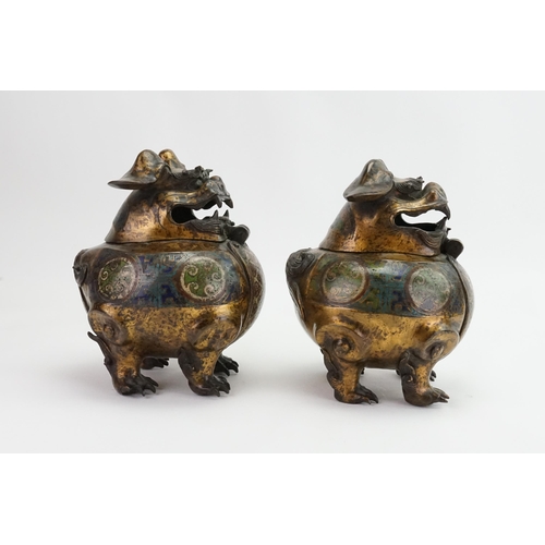 457 - A Pair of Japanese Cloisonne enamelled mythical Birds. 
Designed as Incense Burners in Squat Form & ... 