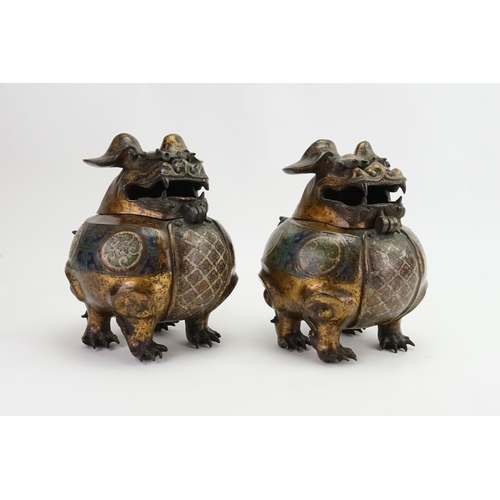 457 - A Pair of Japanese Cloisonne enamelled mythical Birds. 
Designed as Incense Burners in Squat Form & ... 