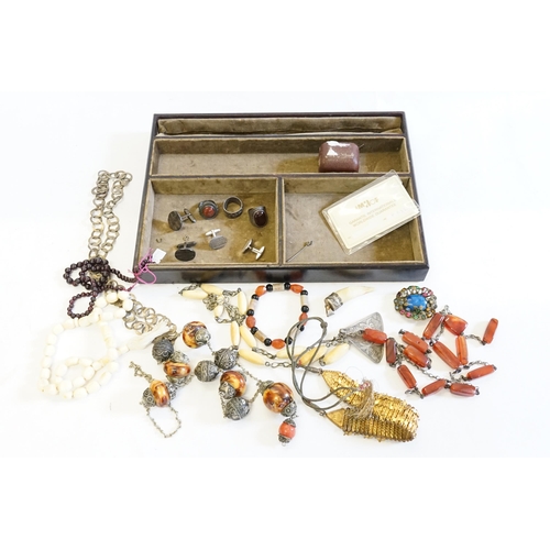 319 - A Tray of Costume Jewellery to include two Silver set Dress Rings, Hardstone Necklaces, etc.