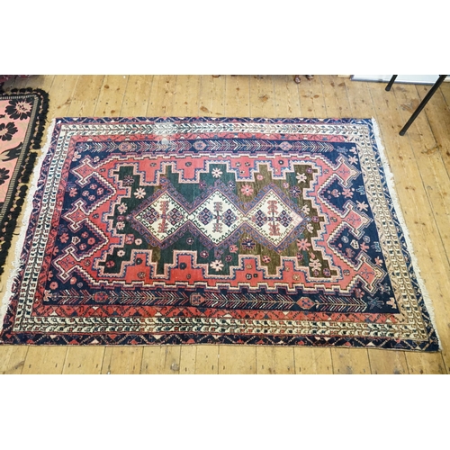 734 - A Blue & Tan, Cream bordered Rug decorated with Guls in a red background with Fishbone design. Measu... 