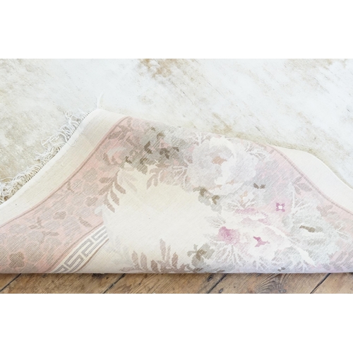 732 - A Chinese Washed Silk Effect Cream with a Pink Border, Greek Key patterned Carpet with a fringe edge... 