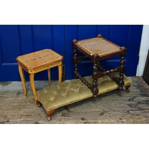 722 - An Edwardian Oak Stool with a Cane Top on a Barley Twist Base, a Long John Foot Stool & an inlaid Ta... 