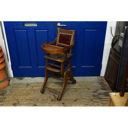 713 - A Victorian Stained as Beech Patented Child's Chair with Fold-Over Server & adjustable Feet on Casto... 