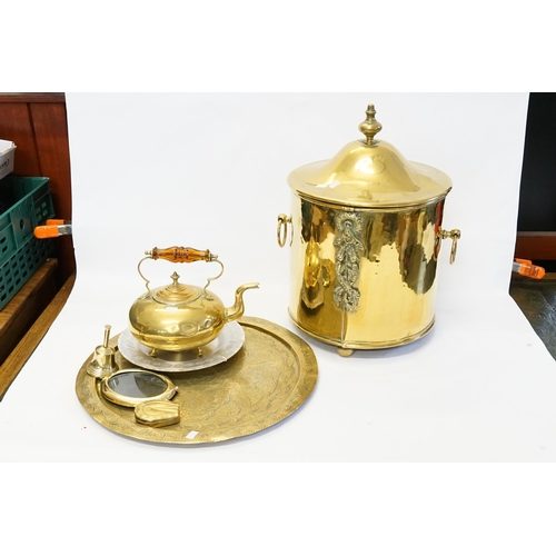 972 - A Victorian Brass Coal Box of Adams design with Ring Handles, a Victorian Brass Kettle with the init... 