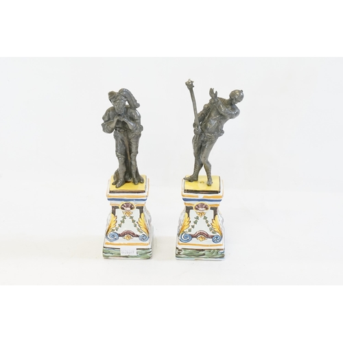 894 - A Pair of Faience Pottery Pedestals, marked BC, mounted with two Case Pewter Studies of Crusaders. M... 