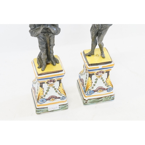 894 - A Pair of Faience Pottery Pedestals, marked BC, mounted with two Case Pewter Studies of Crusaders. M... 